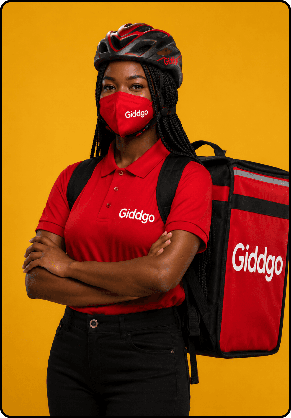 A Giddgo rider wearing branded gear and a delivery backpack