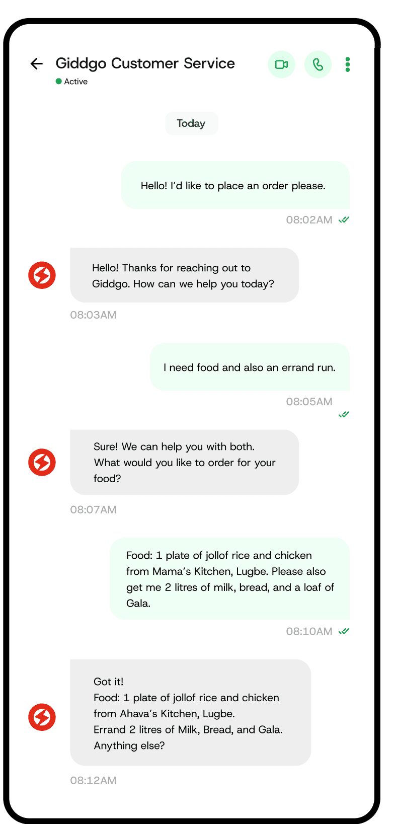 Example WhatsApp conversation with Giddgo customer service, placing a food and errand order